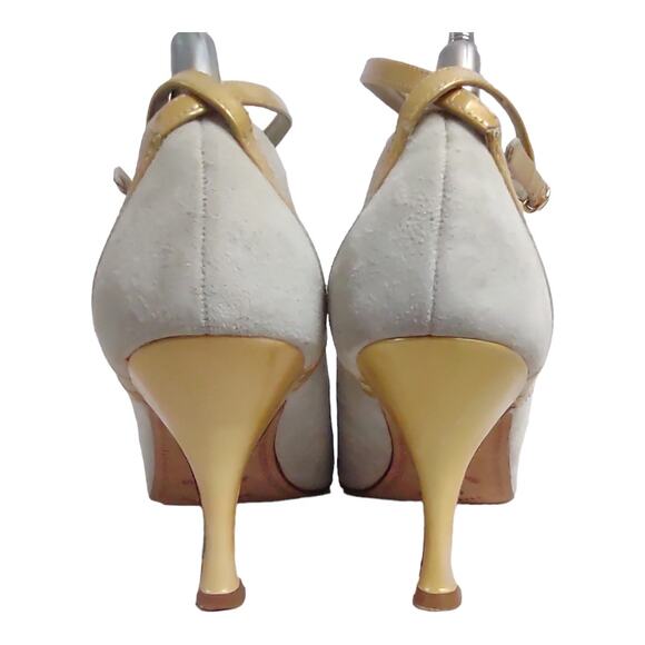 LARRY STUART Light Gray Suede Yellow Mary Jane Skinny Heels Sz 8.5 Sexy Strappy - Picture 8 of 10